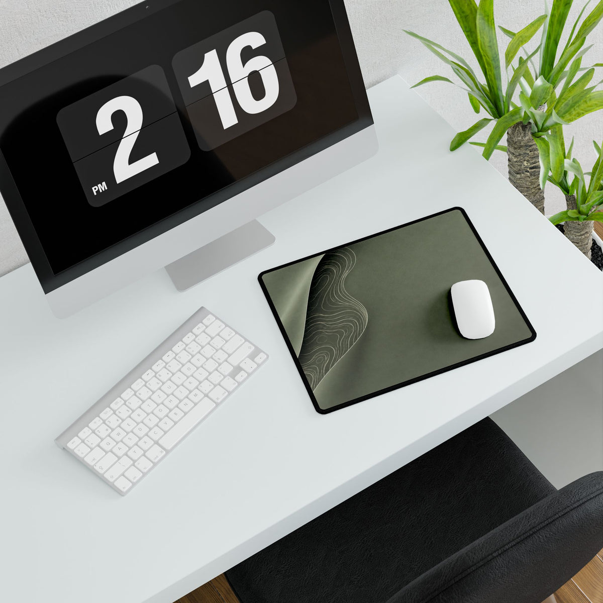 Printify preview: Sage Fold, 14.4 × 12.1 inches, angled desk view with keyboard and mouse.