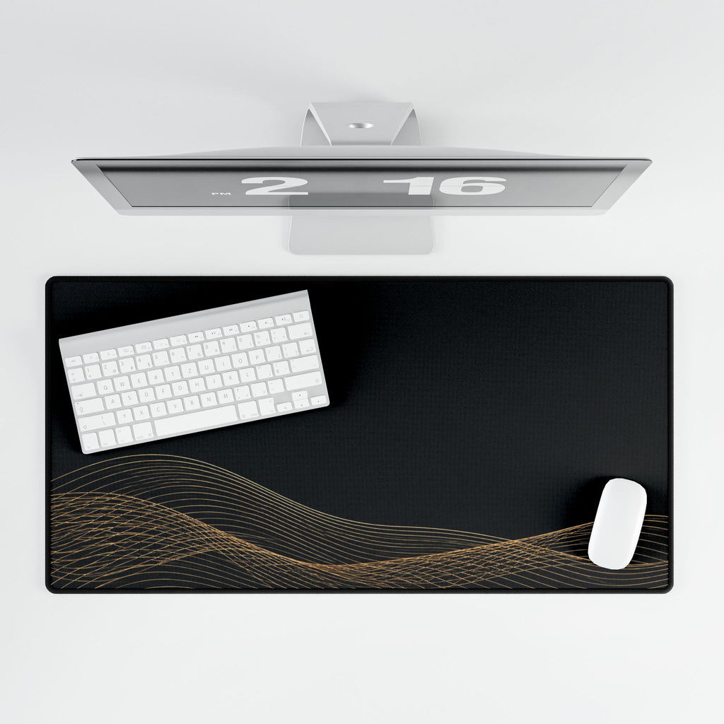 Printify preview: overhead view of Obsidian Interference, 31.5 × 15.5 inches, with keyboard and mouse.