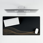 Printify preview: overhead view of Obsidian Interference, 31.5 × 15.5 inches, with keyboard and mouse.