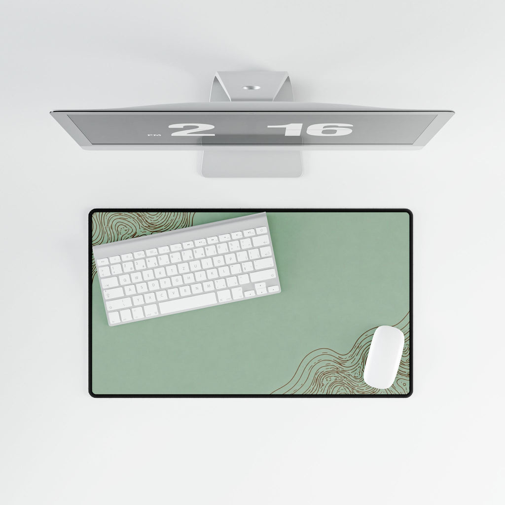 Printify preview: Minimal Celadon Bronze, 23.6 × 13.8 inches, overhead desk view with keyboard and mouse.