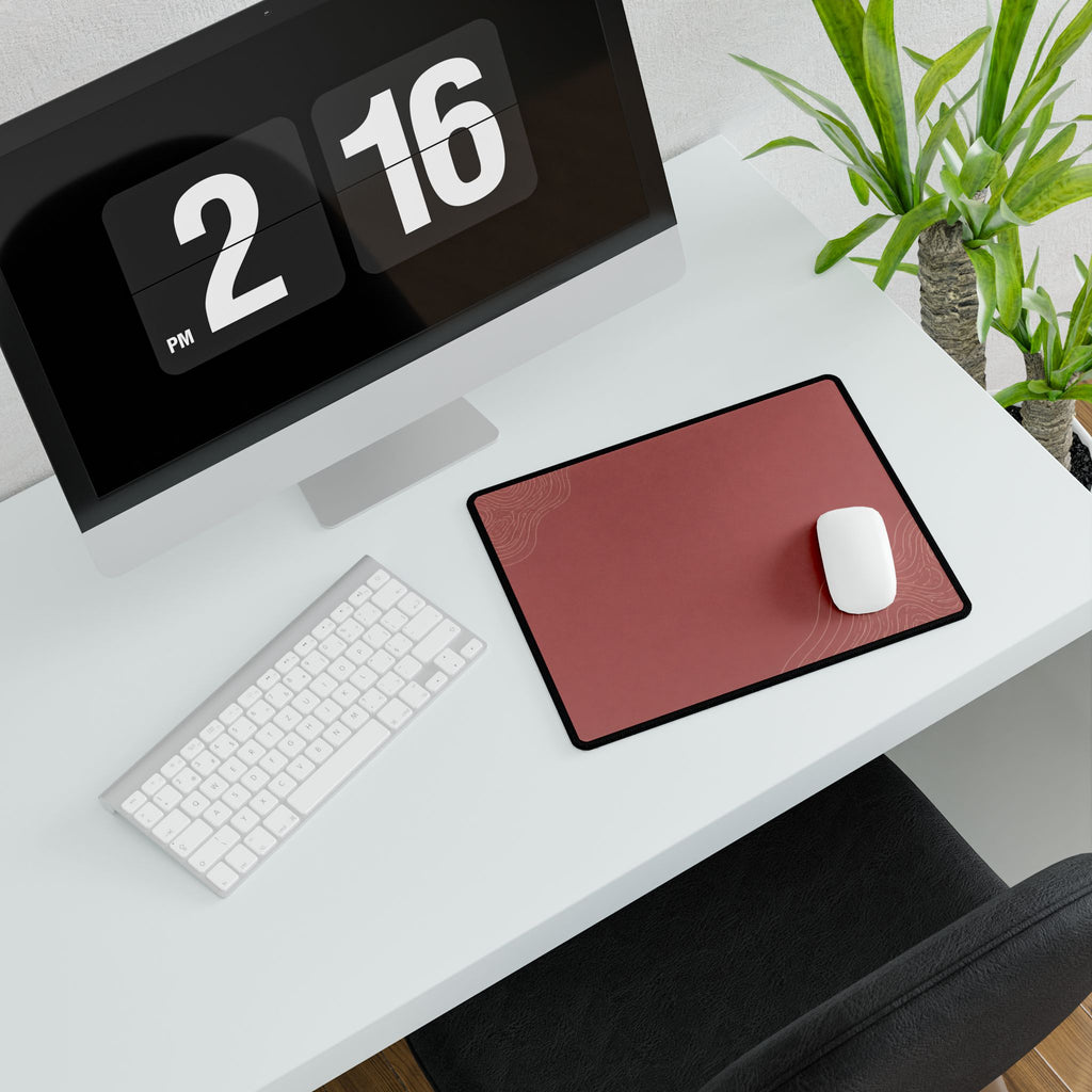 Printify preview: Minimal Rose Clay, 31.5 × 15.5 inches, angled desk view with keyboard and mouse.