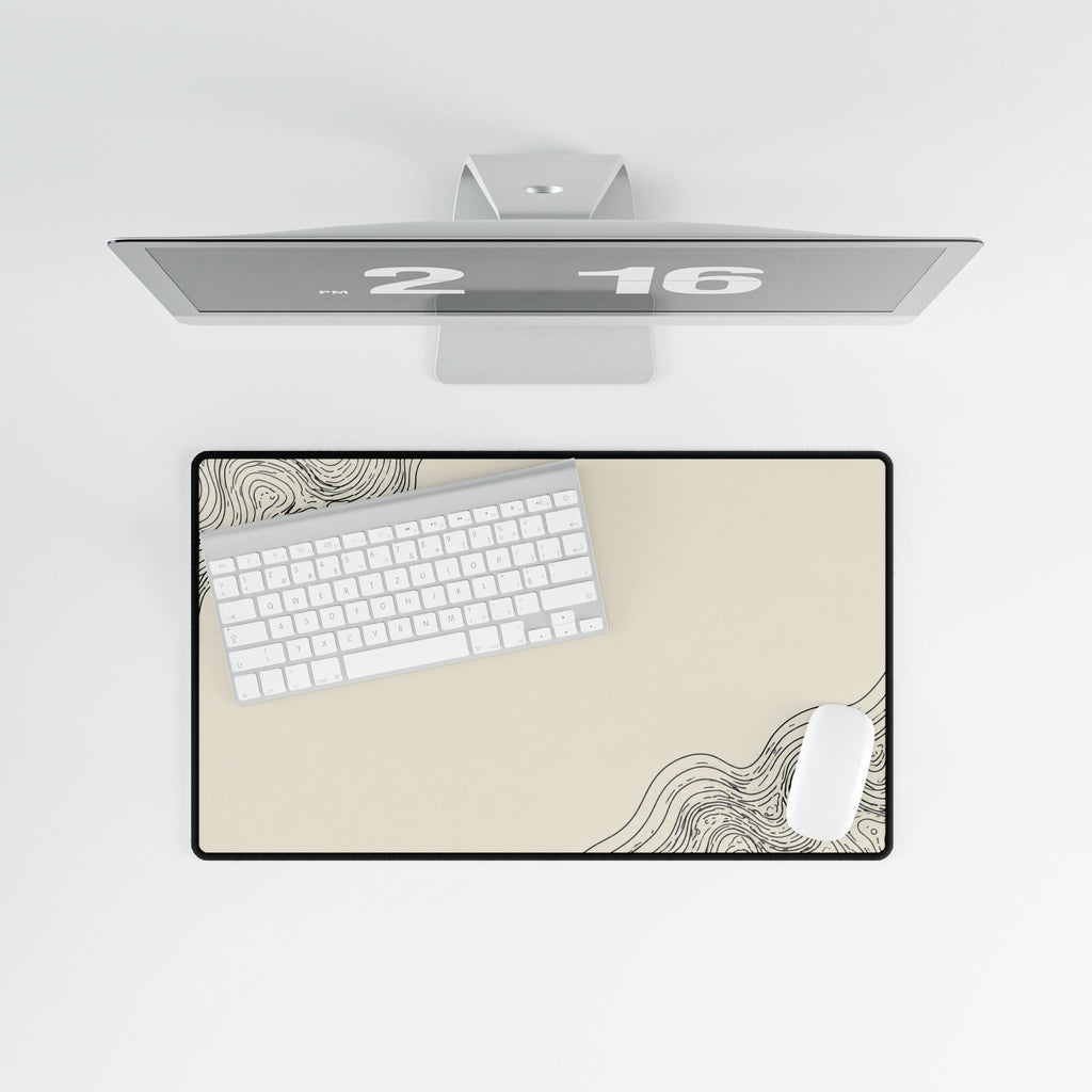 Printify preview: Minimal Porcelain Ink, 23.6 × 13.8 inches, overhead desk view with keyboard and mouse.