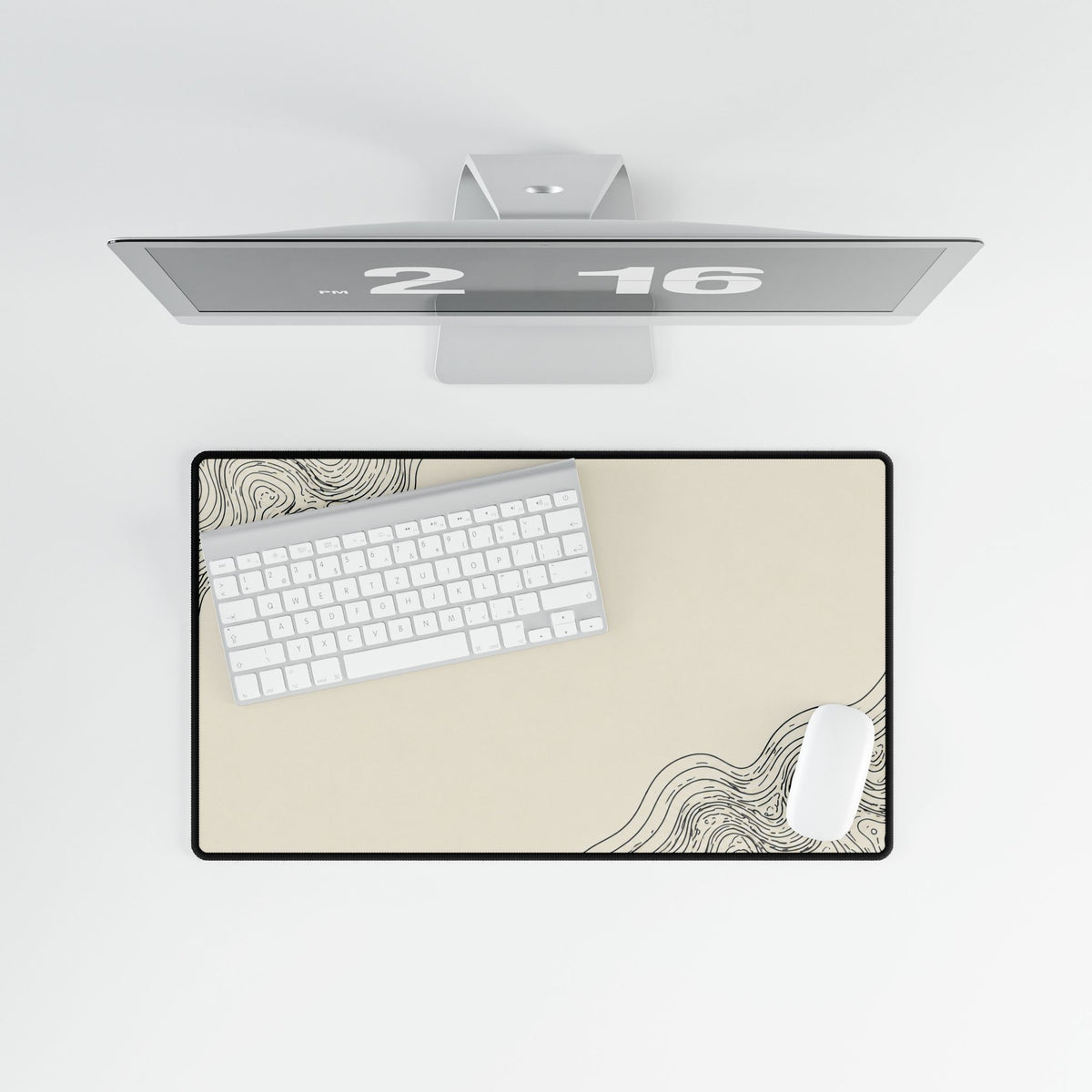 Printify preview: Minimal Porcelain Ink, 23.6 × 13.8 inches, overhead desk view with keyboard and mouse.