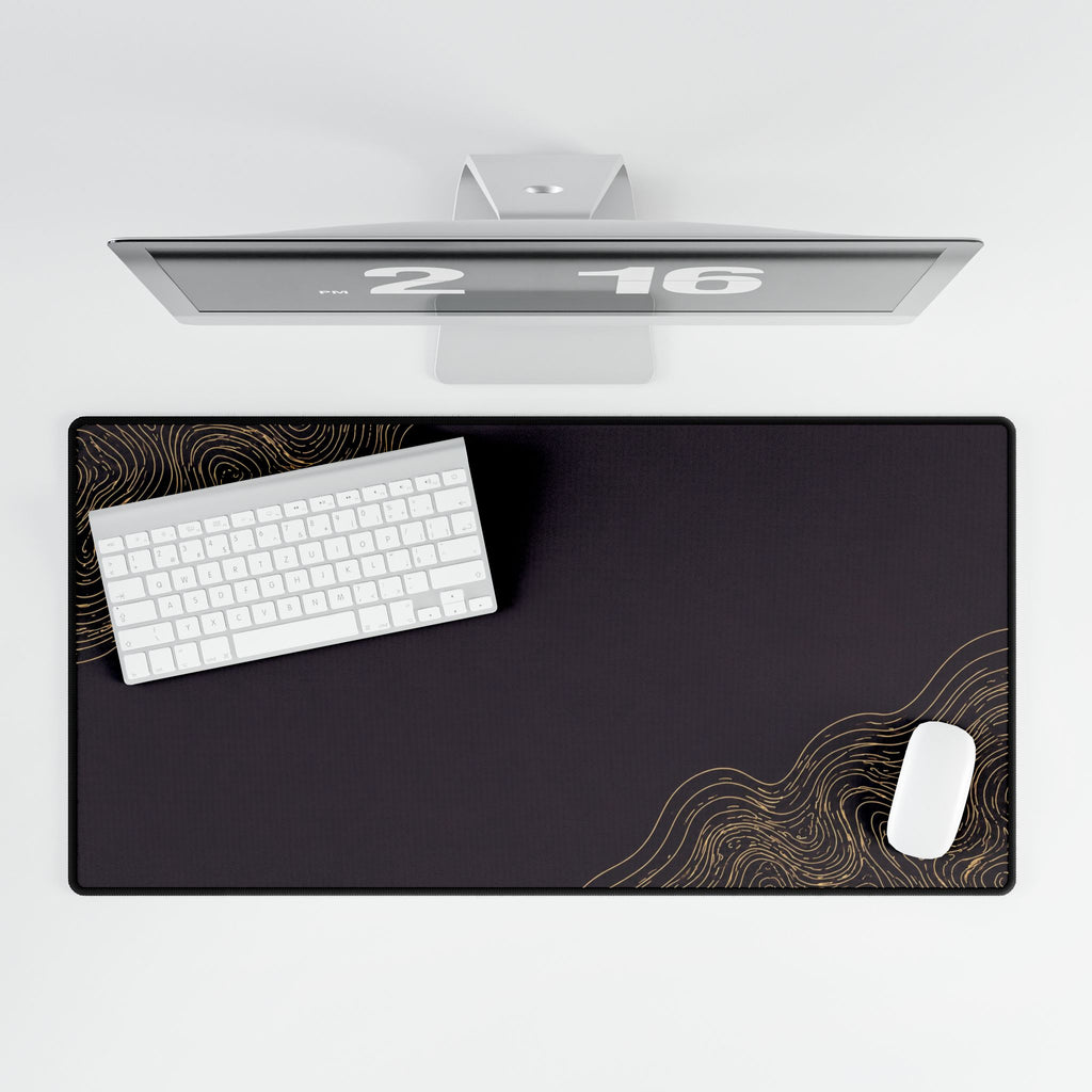 Printify preview: Minimal Aubergine Gold, 31.5 × 15.5 inches, overhead desk view with keyboard and mouse.