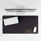 Printify preview: Minimal Aubergine Gold, 31.5 × 15.5 inches, overhead desk view with keyboard and mouse.