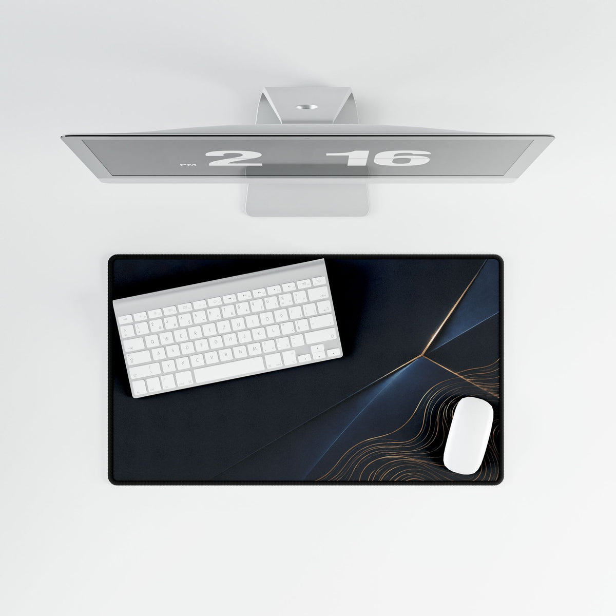 Printify preview: Navy Facet, 23.6 × 13.8 inches, overhead desk view with keyboard and mouse.