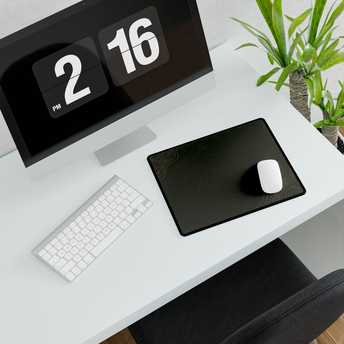Printify preview: Minimal Olive Gold, 31.5 × 15.5 inches, angled desk view with keyboard and mouse.