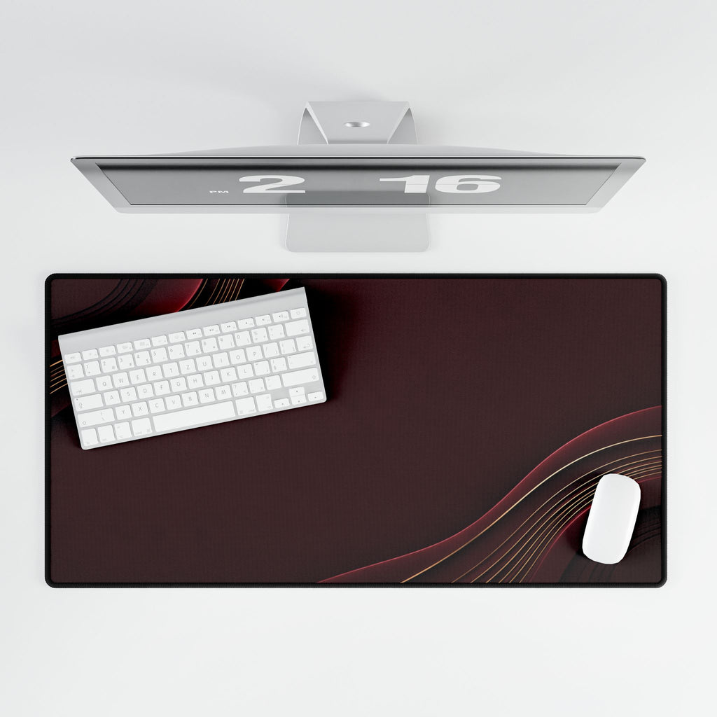 Printify preview: Burgundy Relief, 31.5 × 15.5 inches, overhead desk view with keyboard and mouse.