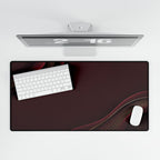 Printify preview: Burgundy Relief, 31.5 × 15.5 inches, overhead desk view with keyboard and mouse.