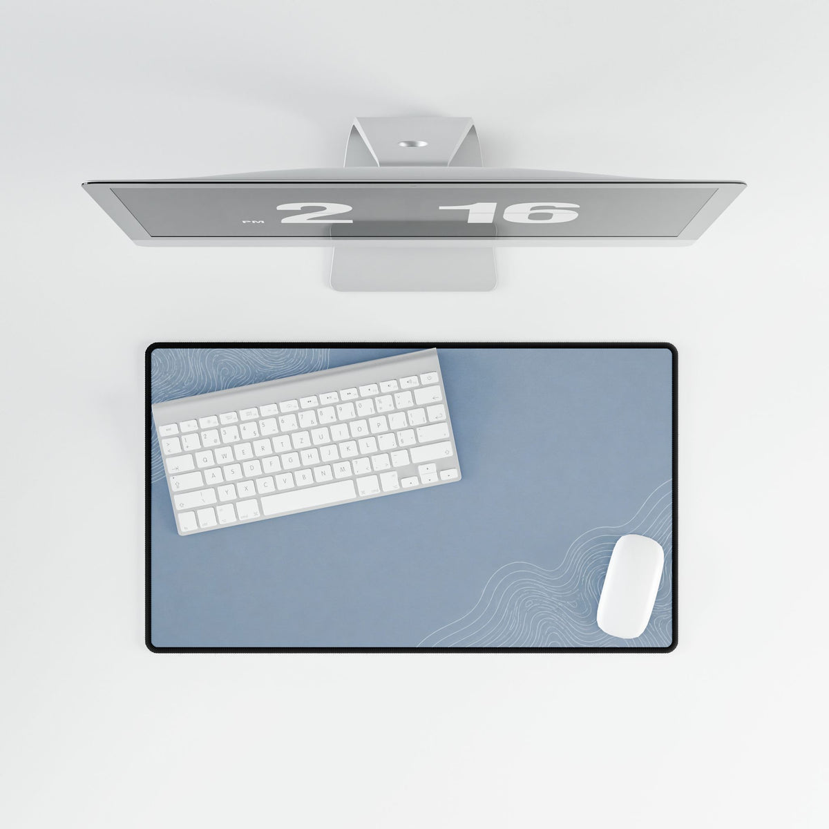 Printify preview: Minimal Artic Mist, 23.6 × 13.8 inches, overhead desk view with keyboard and mouse.