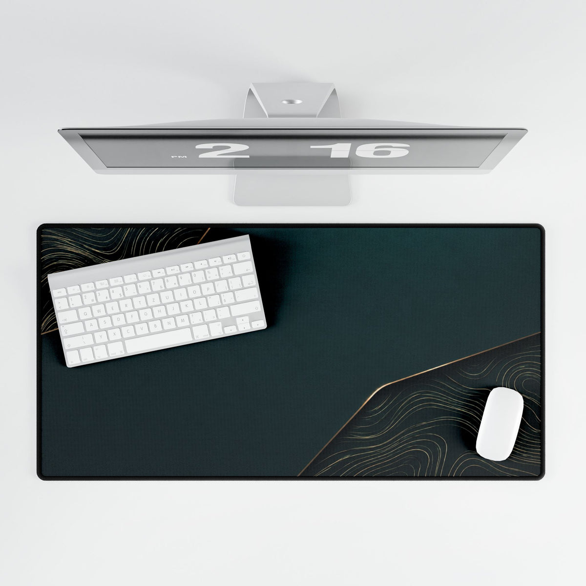 Printify preview: overhead view of Teal Cutaway, 31.5 × 15.5 inches, with keyboard and mouse.