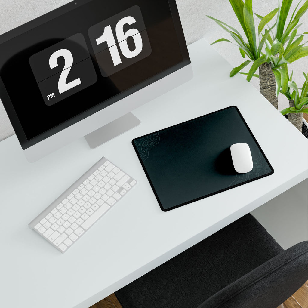 Printify preview: Minimal Deep Teal, 31.5 × 15.5 inches, angled desk view with keyboard and mouse.