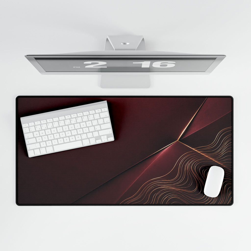 Printify preview: Burgundy Facet, 31.5 × 15.5 inches, overhead desk view with keyboard and mouse.
