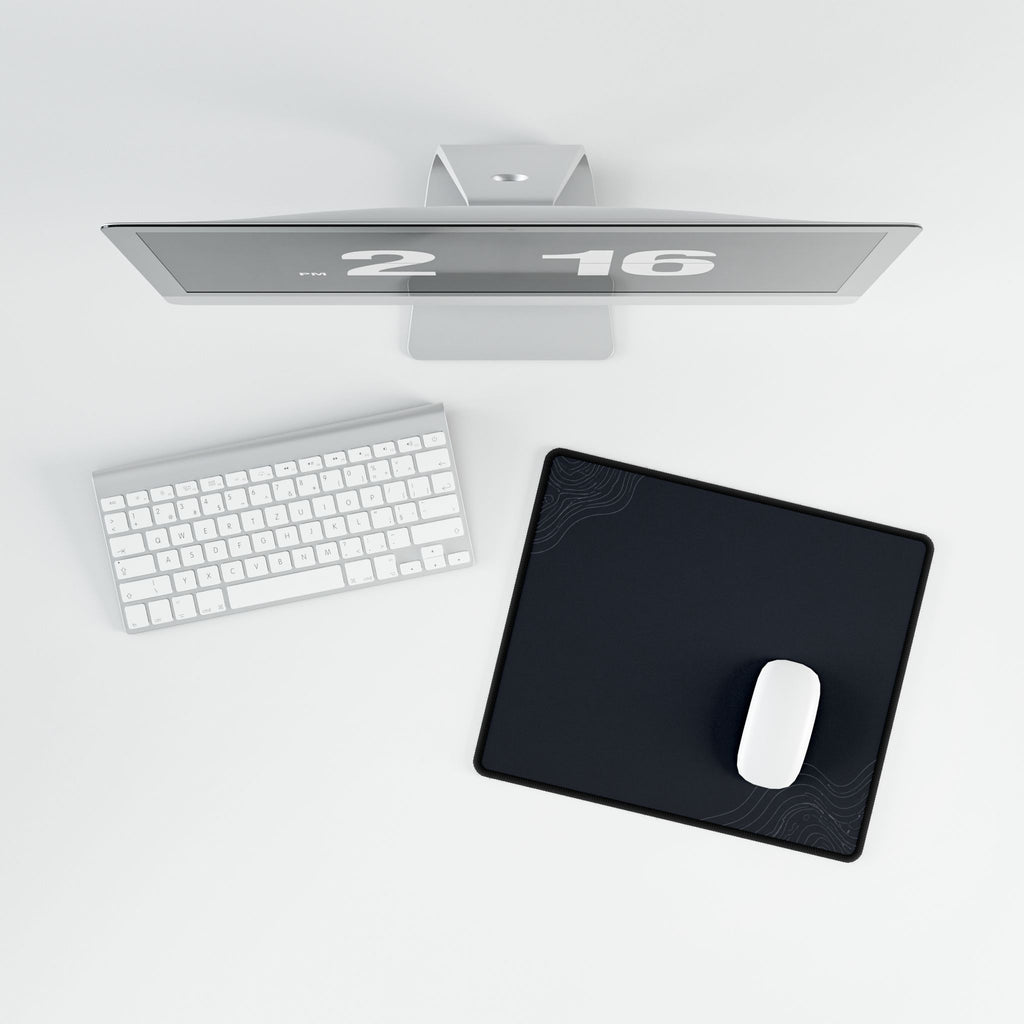 Printify preview: Minimal Midnight Navy, 14.4 × 12.1 inches, overhead desk view with keyboard and mouse.