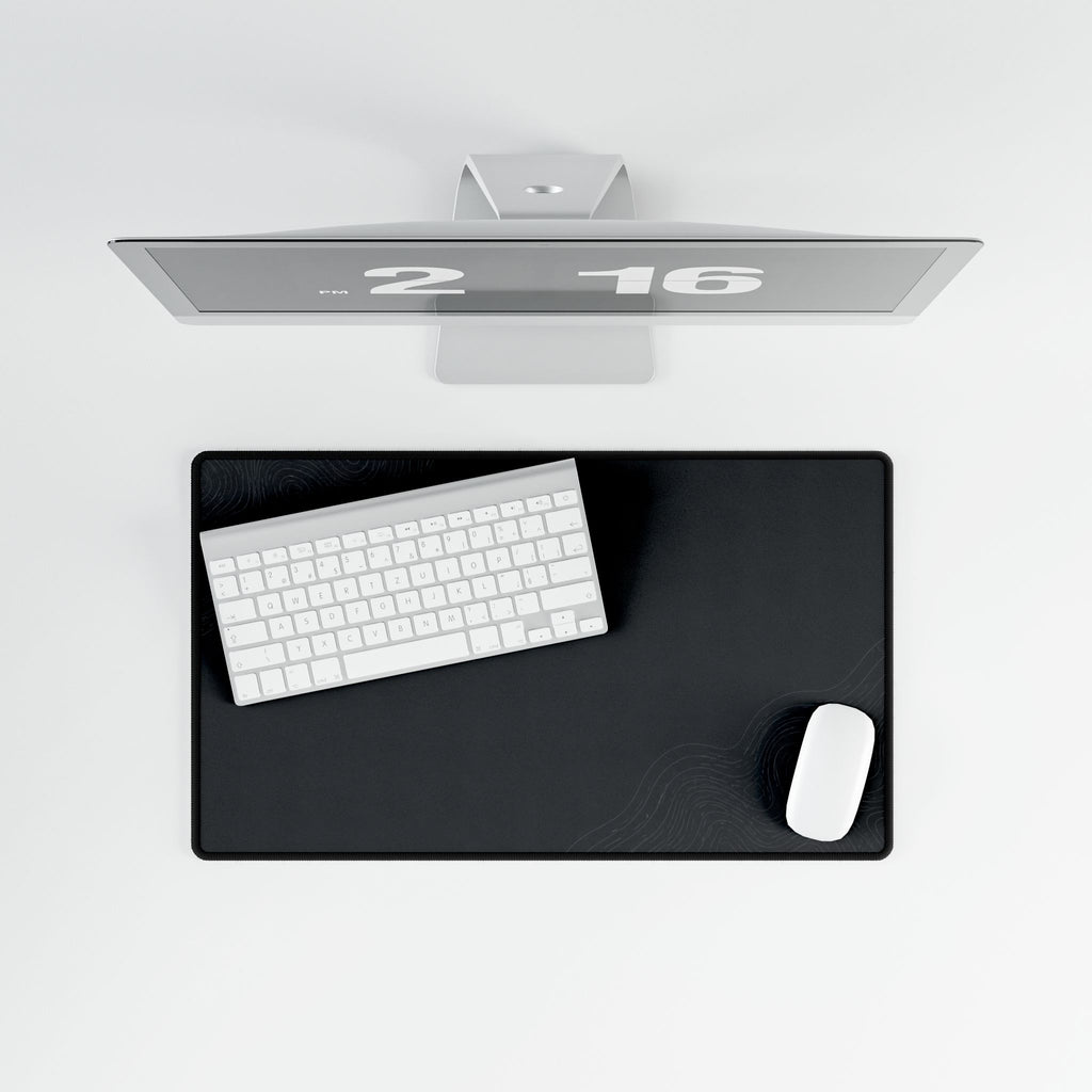 Printify preview: Minimal Graphite Shadow, 23.6 × 13.8 inches, overhead desk view with keyboard and mouse.