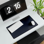 Minimal Navy medium-format desk mat beneath a white keyboard and mouse, viewed at an angle.