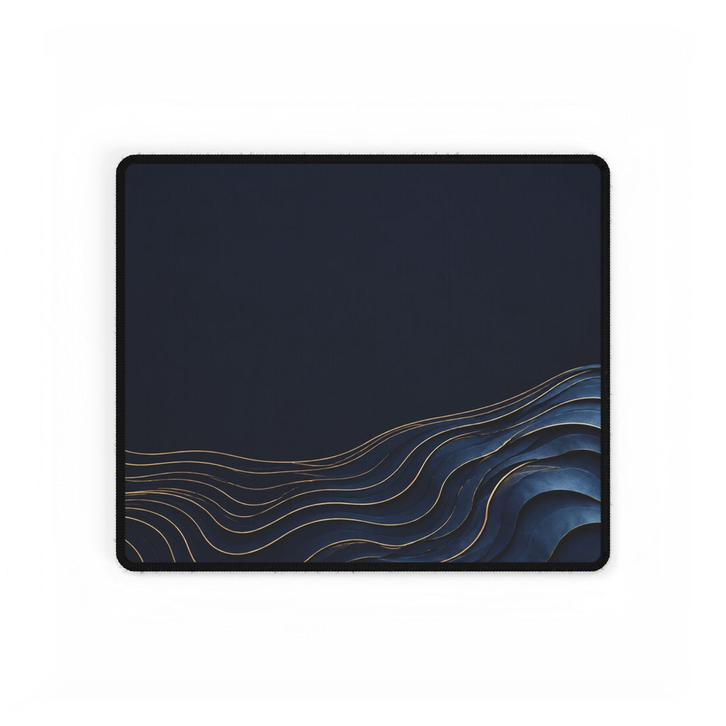 Printify preview: Navy Evolution desk mat, 14.4 × 12.1 inches, flat on a white background.