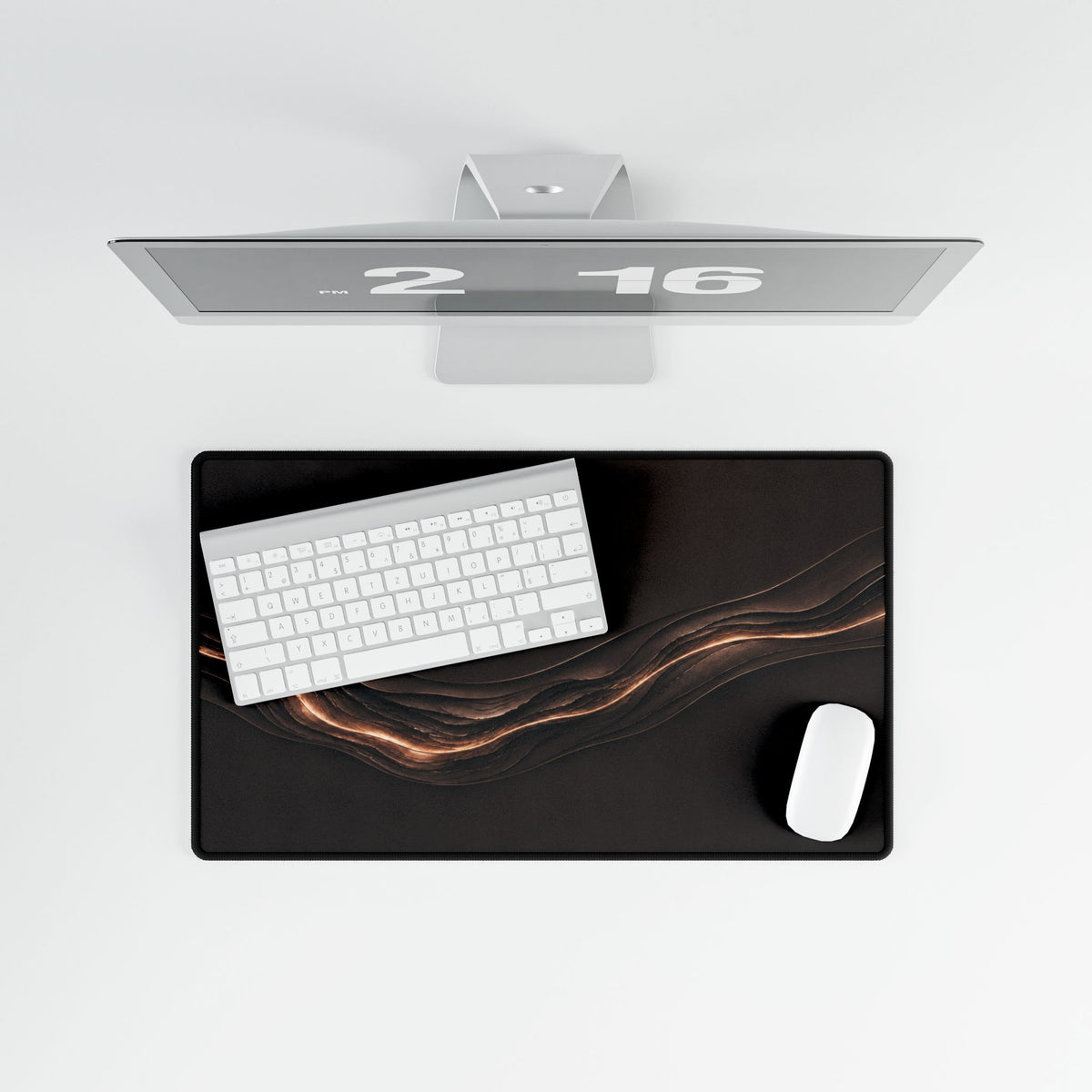 Printify preview: Espresso Radiance, 23.6 × 13.8 inches, overhead desk view with keyboard and mouse.