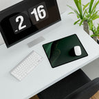 Printify preview: Forest Fold, 14.4 × 12.1 inches, angled desk view with keyboard and mouse.