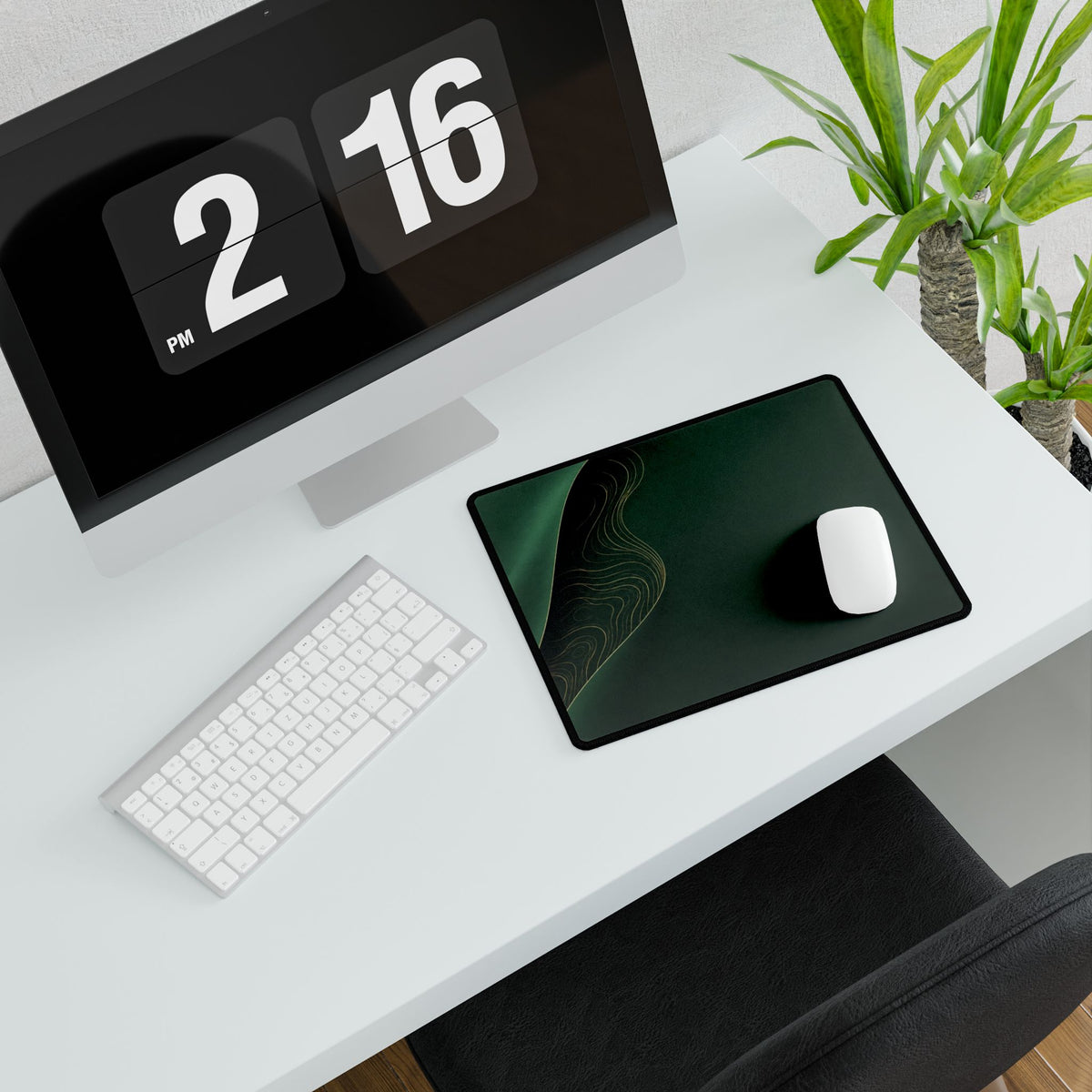 Printify preview: Forest Fold, 14.4 × 12.1 inches, angled desk view with keyboard and mouse.