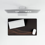 Printify preview: overhead view of Espresso Interference, 23.6 × 13.8 inches, with keyboard and mouse.