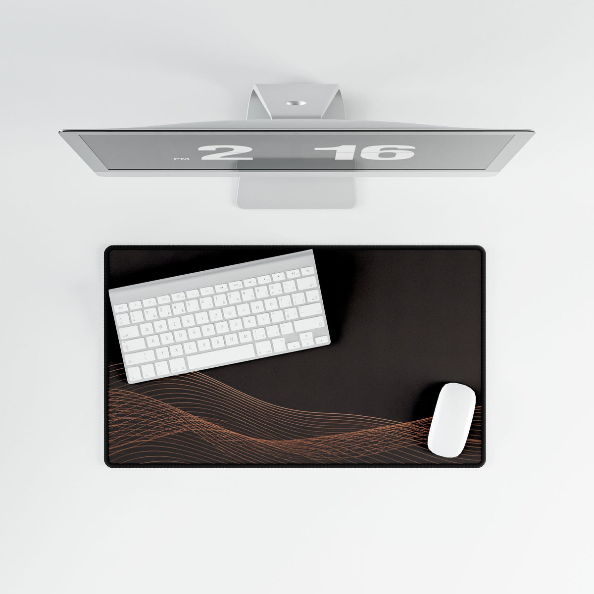 Printify preview: overhead view of Espresso Interference, 23.6 × 13.8 inches, with keyboard and mouse.