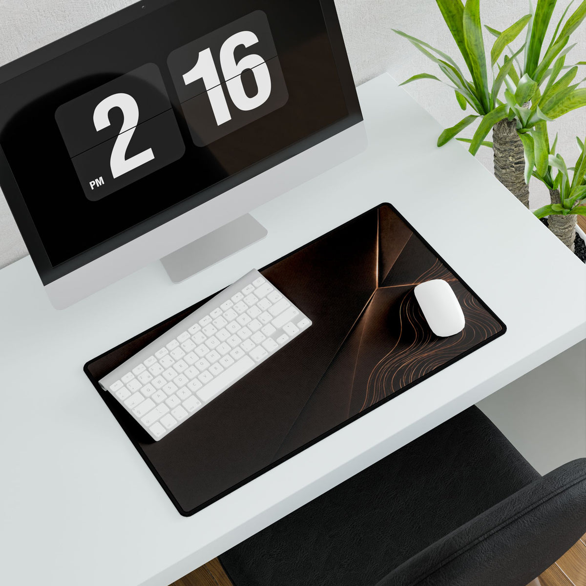 Printify preview: Espresso Facet, 23.6 × 13.8 inches, angled desk view with keyboard and mouse.
