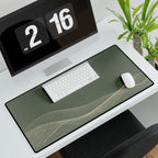 Printify preview: Sage Interference, 31.5 × 15.5 inches, with keyboard and mouse on a white desk, viewed at an angle.