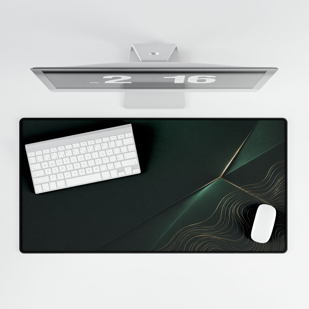 Printify preview: Forest Facet, 31.5 × 15.5 inches, overhead desk view with keyboard and mouse.