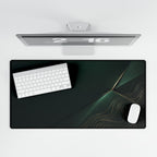 Printify preview: Forest Facet, 31.5 × 15.5 inches, overhead desk view with keyboard and mouse.