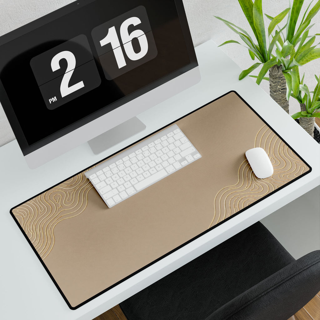 Minimal Beige desk mat in a wide format, shown with a keyboard and mouse on a white desk.