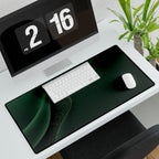 Printify preview: Forest Fold, 31.5 × 15.5 inches, angled desk view with keyboard and mouse.