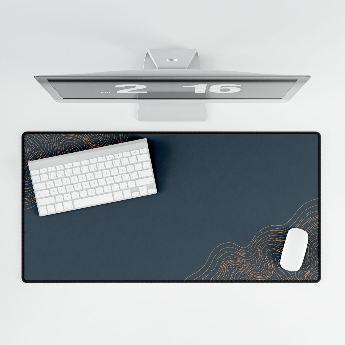 Printify preview: Minimal Slate Copper, 31.5 × 15.5 inches, overhead desk view with keyboard and mouse.