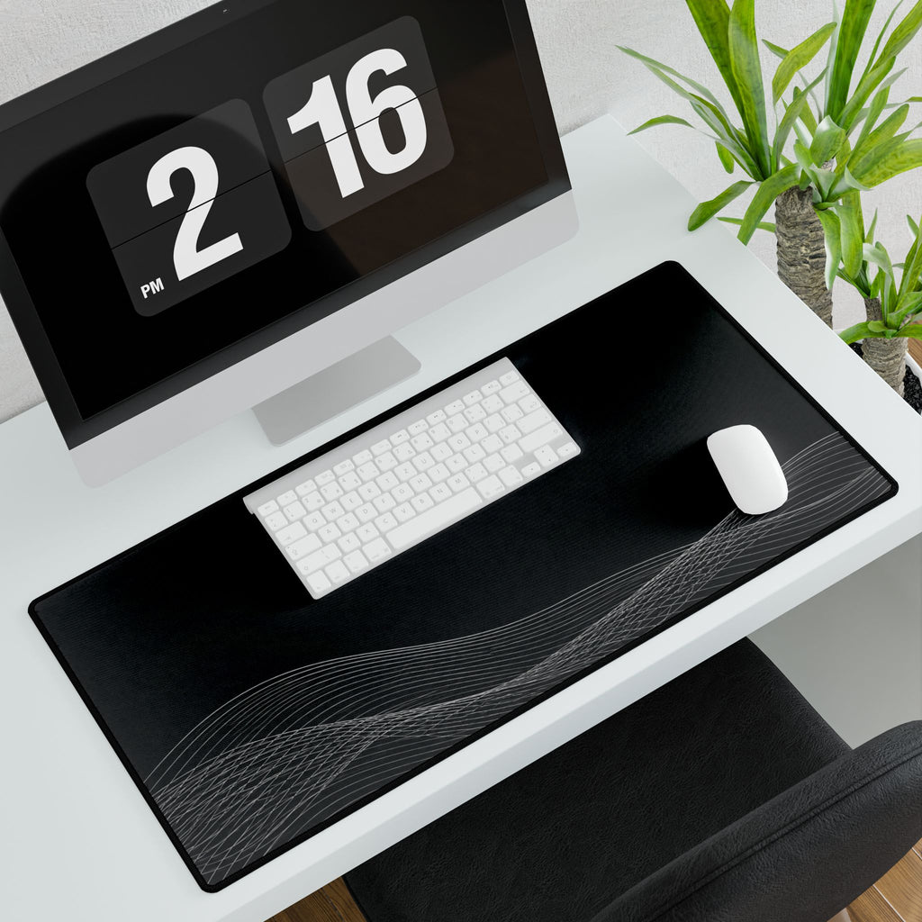 Printify preview: Charcoal Interference, 31.5 × 15.5 inches, with keyboard and mouse on a white desk, viewed at an angle.