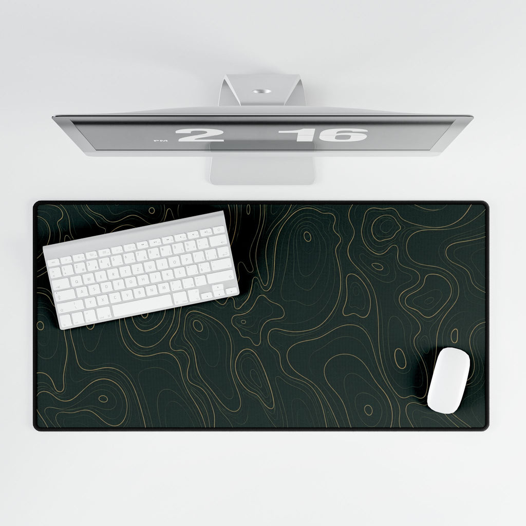 Printify preview: Forest Atlas, 31.5 × 15.5 inches, overhead desk view with keyboard and mouse.