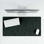 Printify preview: Forest Atlas, 31.5 × 15.5 inches, overhead desk view with keyboard and mouse.