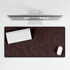 Printify preview: Burgundy Atlas, 31.5 × 15.5 inches, overhead desk view with keyboard and mouse.