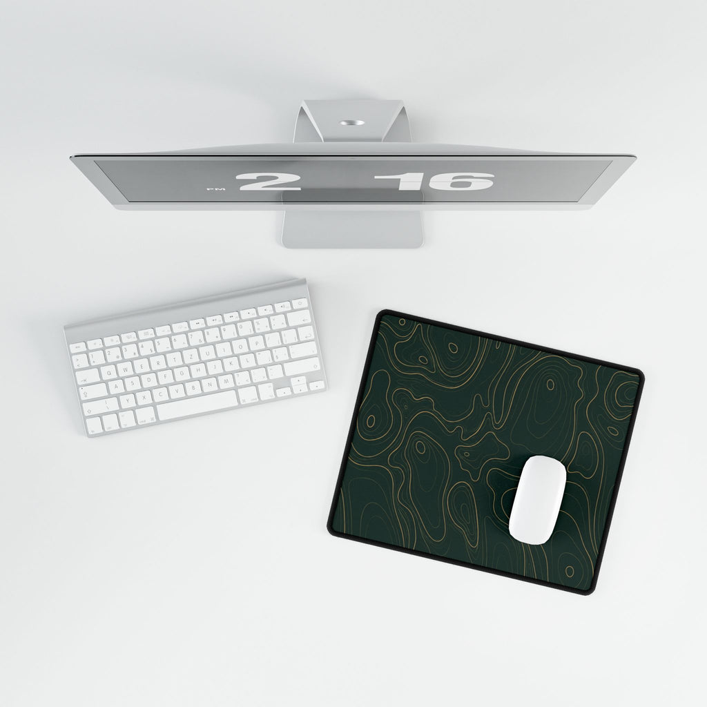 Printify preview: Forest Atlas, 14.4 × 12.1 inches, overhead desk view with keyboard and mouse.