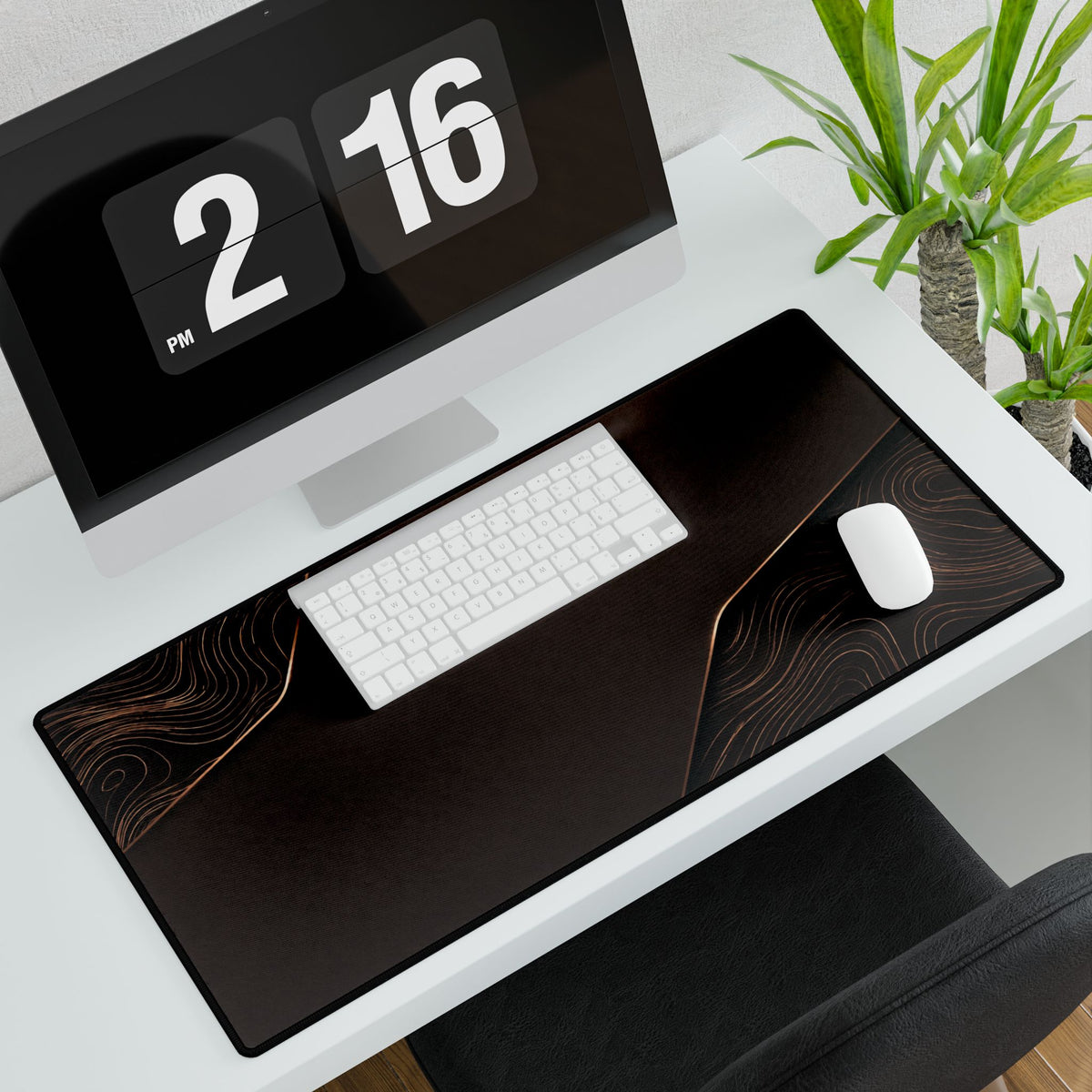 Printify preview: Espresso Cutaway, 31.5 × 15.5 inches, with keyboard and mouse on a white desk, viewed at an angle.