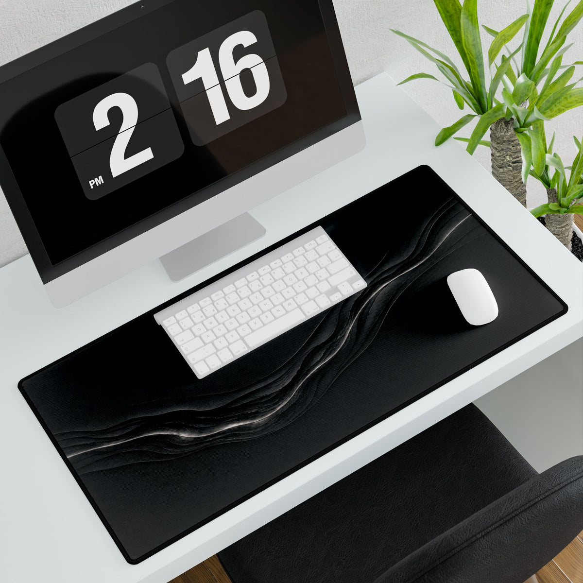 Printify preview: Graphite Radiance, 31.5 × 15.5 inches, angled desk view with keyboard and mouse.