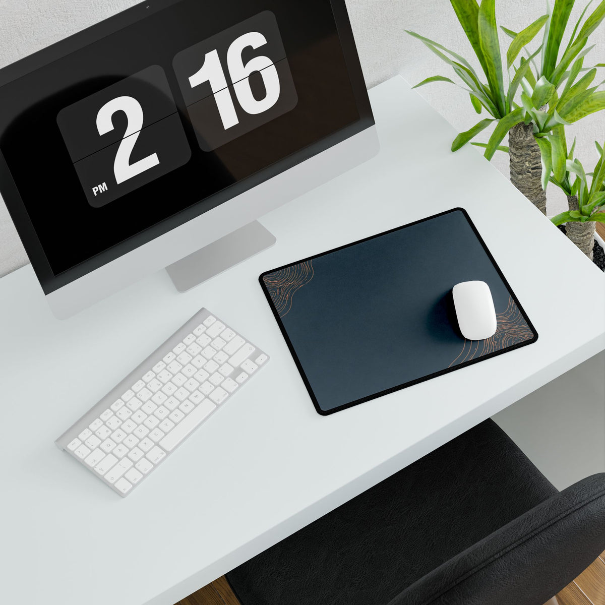 Printify preview: Minimal Slate Copper, 14.4 × 12.1 inches, angled desk view with keyboard and mouse.