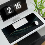 Printify preview: Teal Horizon, 31.5 × 15.5 inches, with keyboard and mouse on a white desk, viewed at an angle.