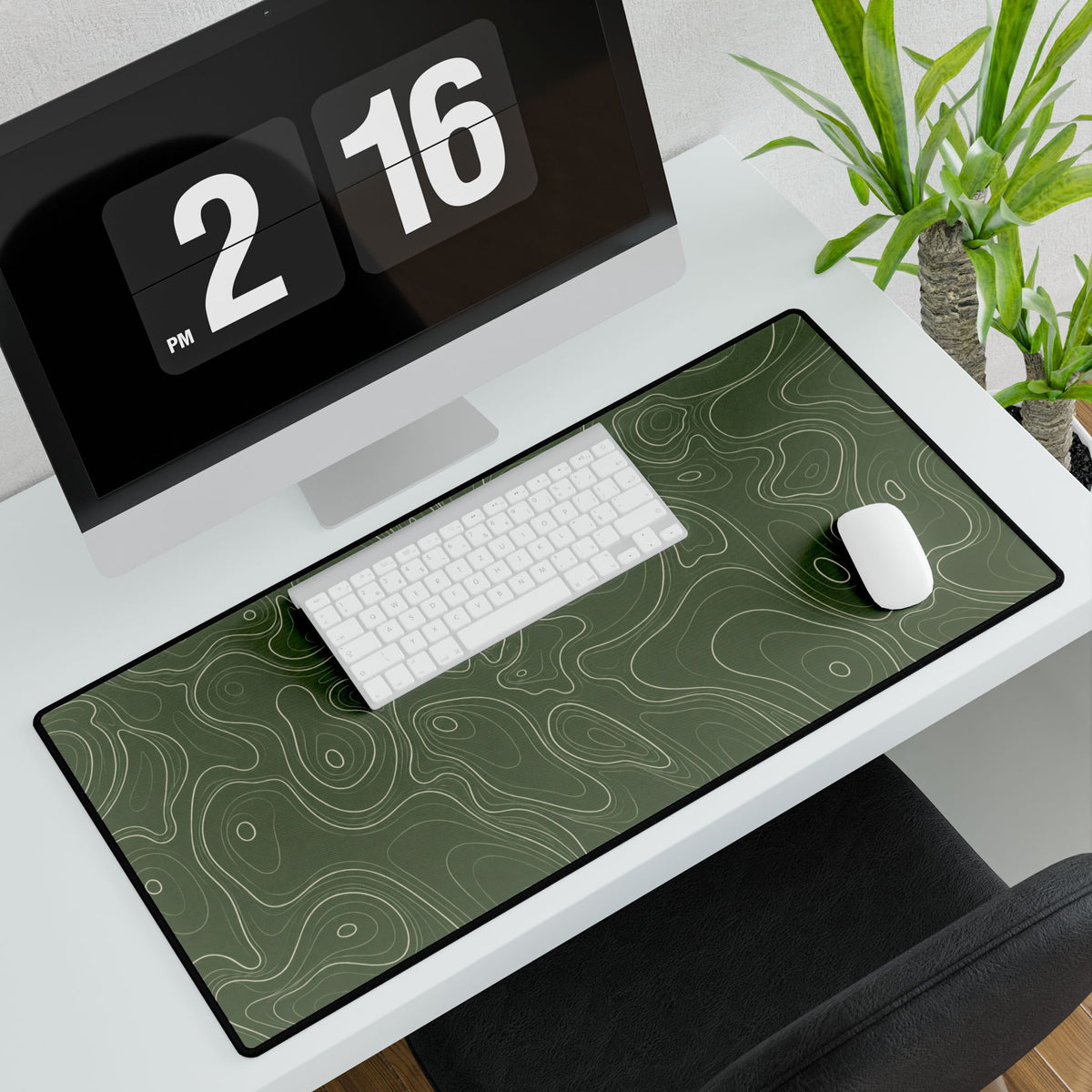 Printify preview: Sage Atlas, 31.5 × 15.5 inches, angled desk view with keyboard and mouse.