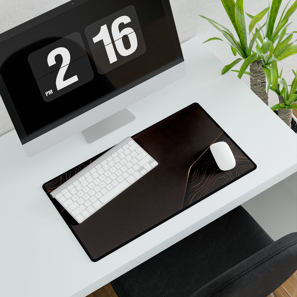 Printify preview: Espresso Cutaway, 23.6 × 13.8 inches, with keyboard and mouse on a white desk, viewed at an angle.