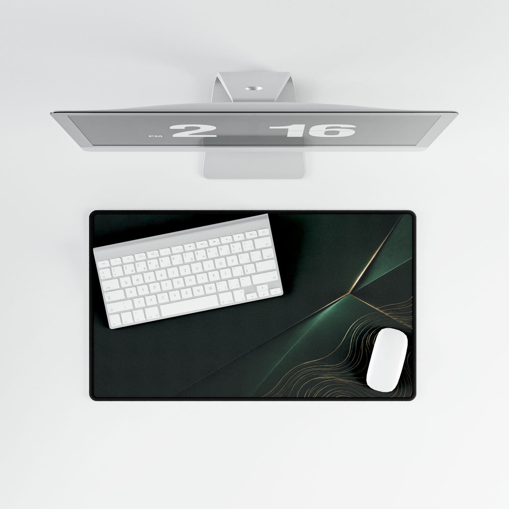 Printify preview: Forest Facet, 23.6 × 13.8 inches, overhead desk view with keyboard and mouse.