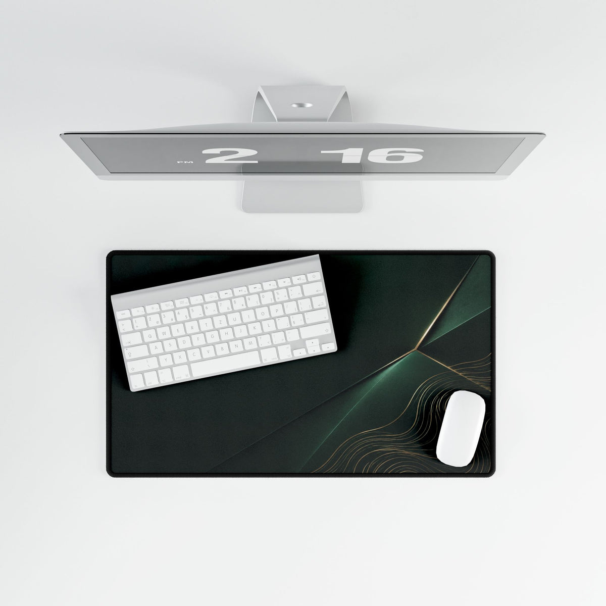 Printify preview: Forest Facet, 23.6 × 13.8 inches, overhead desk view with keyboard and mouse.