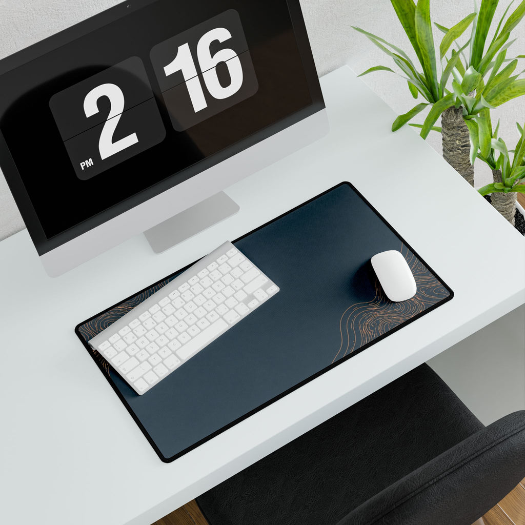 Printify preview: Minimal Slate Copper, 23.6 × 13.8 inches, angled desk view with keyboard and mouse.