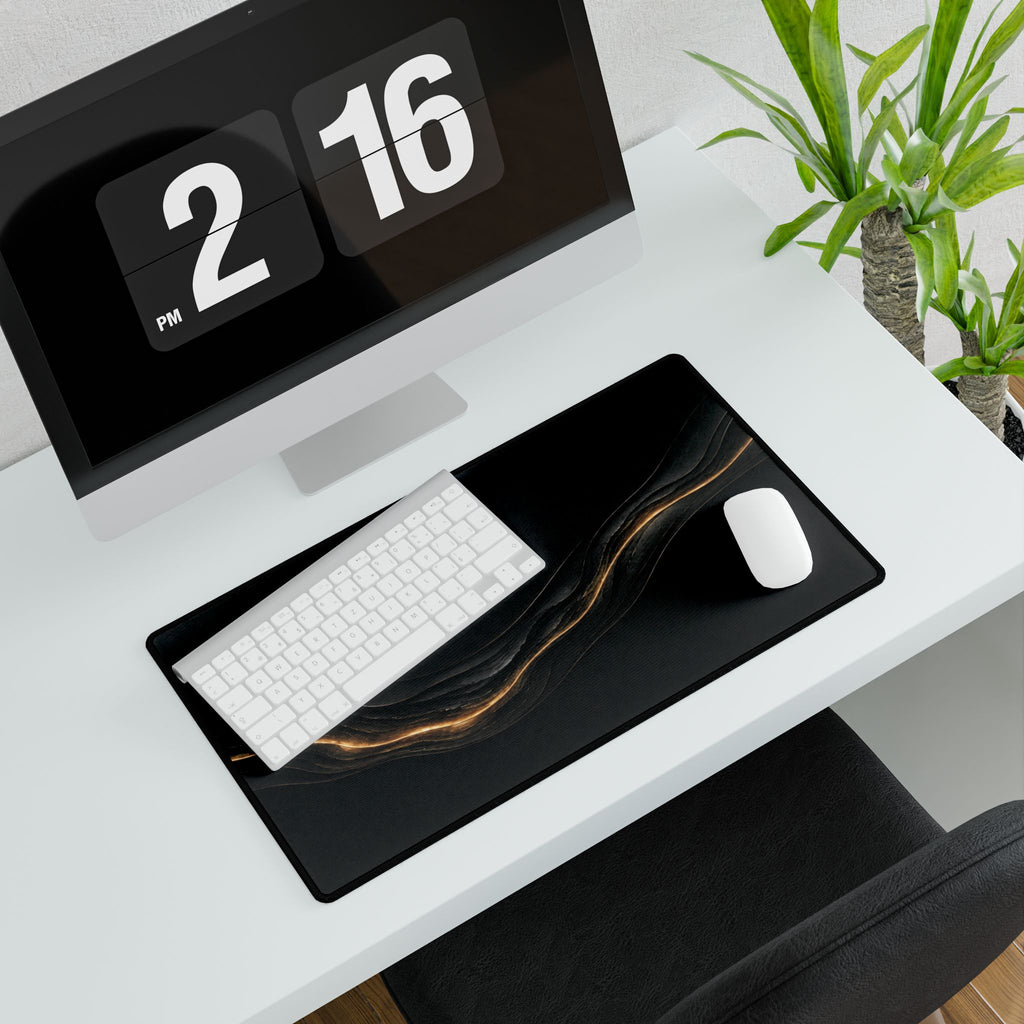 Printify preview: Obsidian Radiance, 23.6 × 13.8 inches, angled desk view with keyboard and mouse.