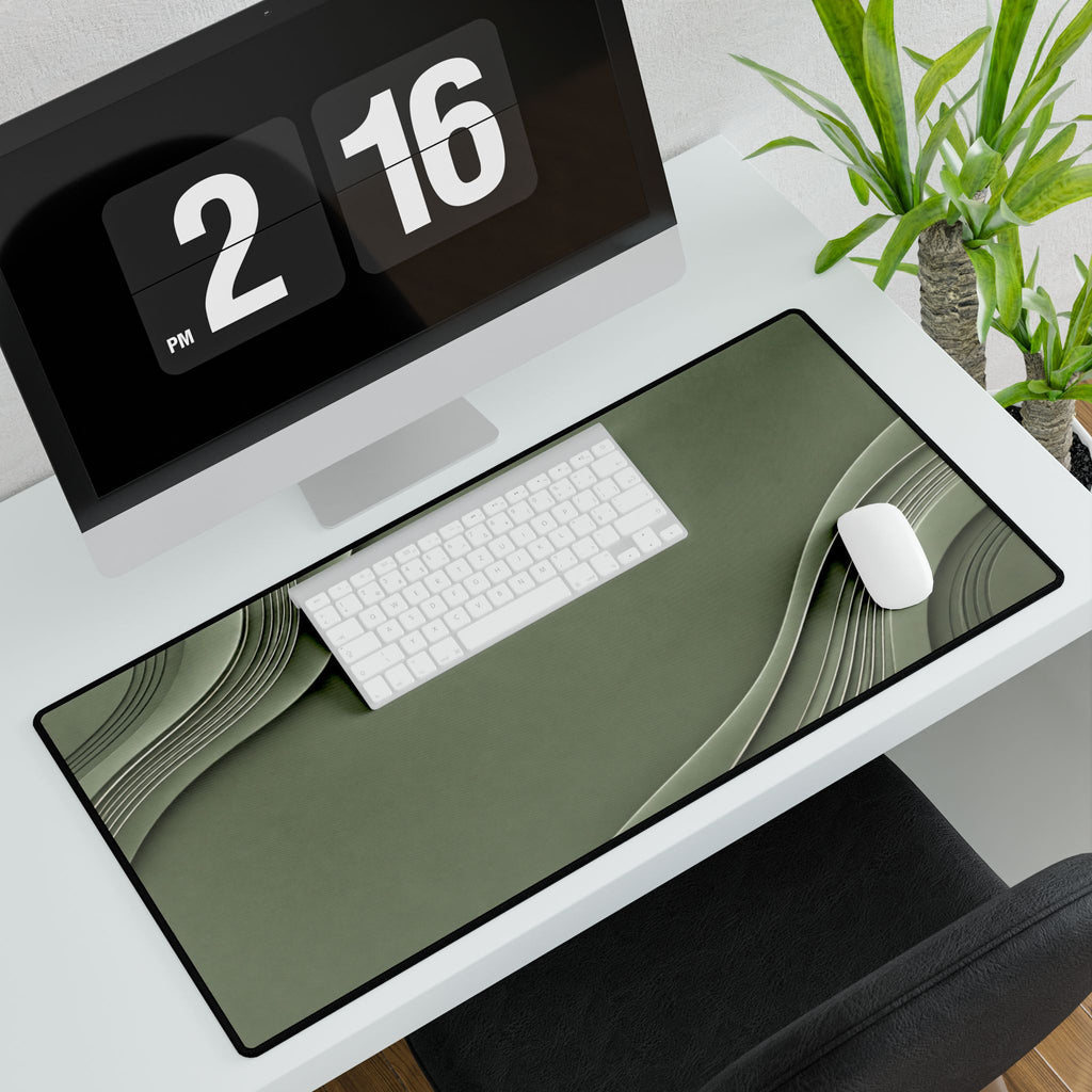 Printify preview: Sage Relief, 31.5 × 15.5 inches, angled desk view with keyboard and mouse.