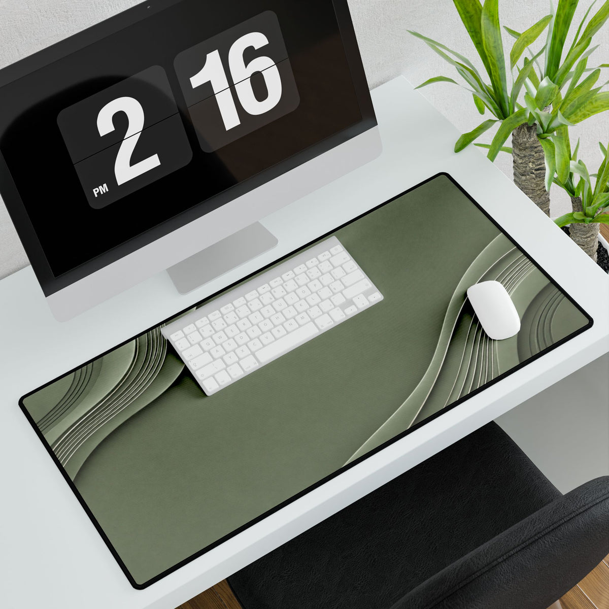 Printify preview: Sage Relief, 31.5 × 15.5 inches, angled desk view with keyboard and mouse.